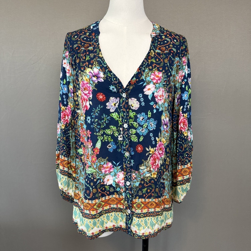 Ruby Yaya  Blouse Sz Small Floral Button Down Artsy Boho Bedazzled